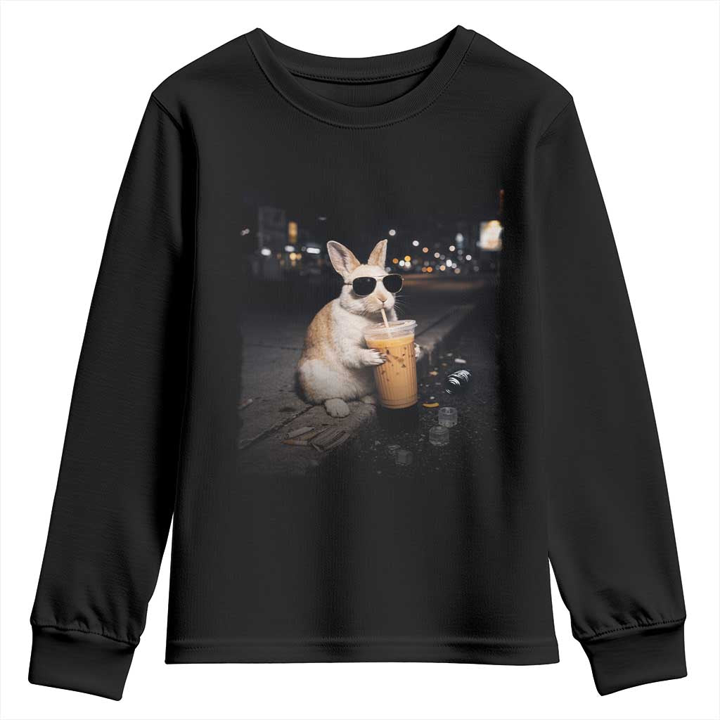 Funny Bunny Drinking Iced Coffee Youth Sweatshirt Animal Meme Viral Internet