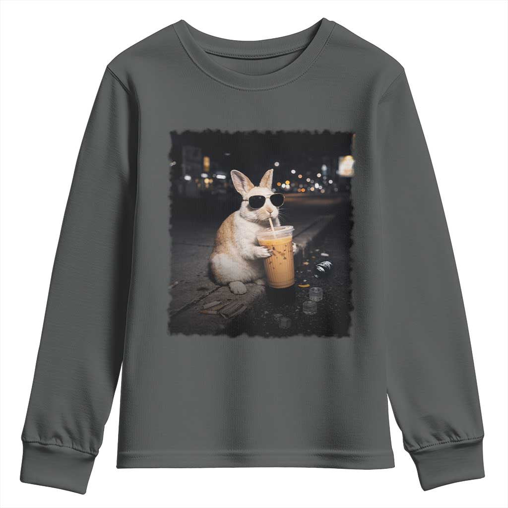 Funny Bunny Drinking Iced Coffee Youth Sweatshirt Animal Meme Viral Internet