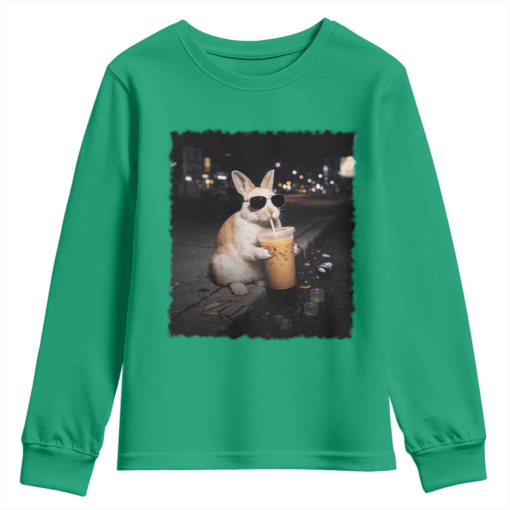 Funny Bunny Drinking Iced Coffee Youth Sweatshirt Animal Meme Viral Internet