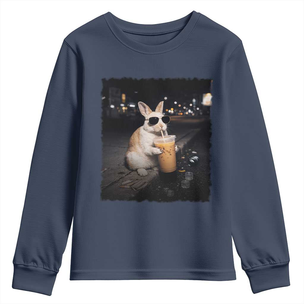 Funny Bunny Drinking Iced Coffee Youth Sweatshirt Animal Meme Viral Internet