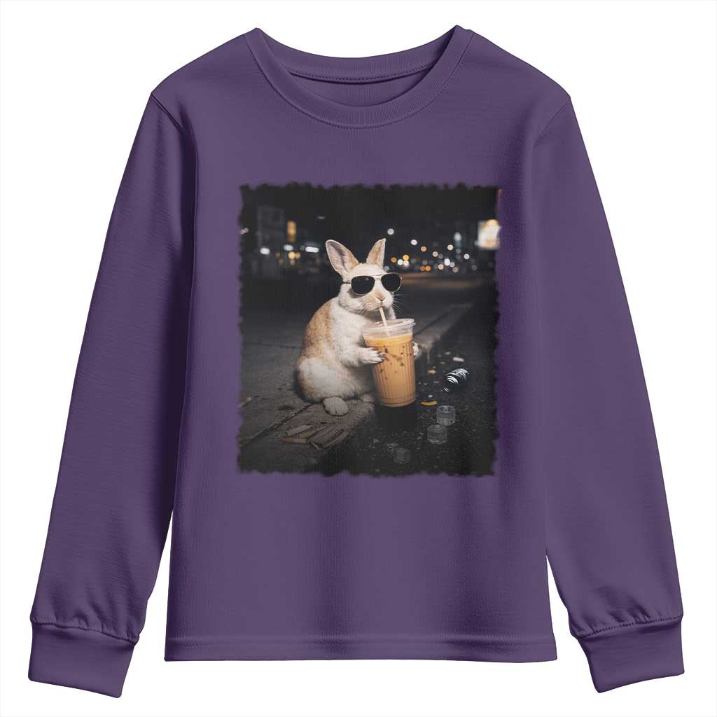 Funny Bunny Drinking Iced Coffee Youth Sweatshirt Animal Meme Viral Internet