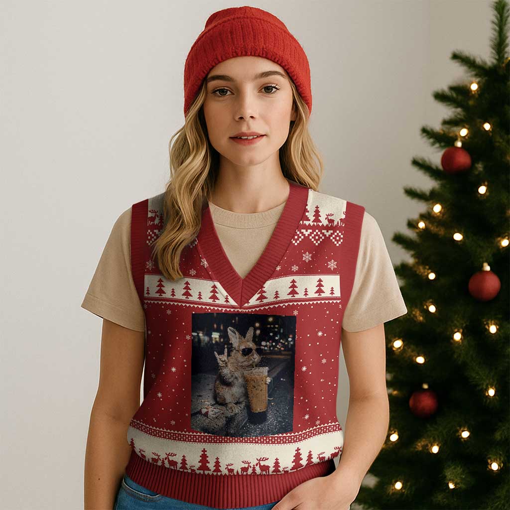 Funny Bunny Drinking Diet Coke V-Neck Knit Sweater Vest Vintage 90s Graphic Meme