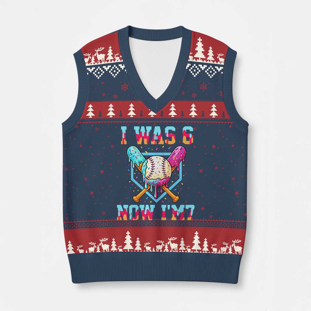 I Was 6 Now I'm 7 V-Neck Knit Sweater Vest Baseball Ice Cream Drip Number 67 Player 67th Birthday