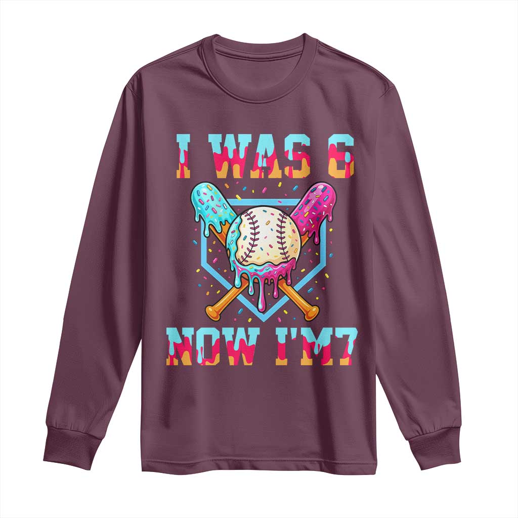 I Was 6 Now I'm 7 Long Sleeve Shirt Baseball Ice Cream Drip Number 67 Player 67th Birthday
