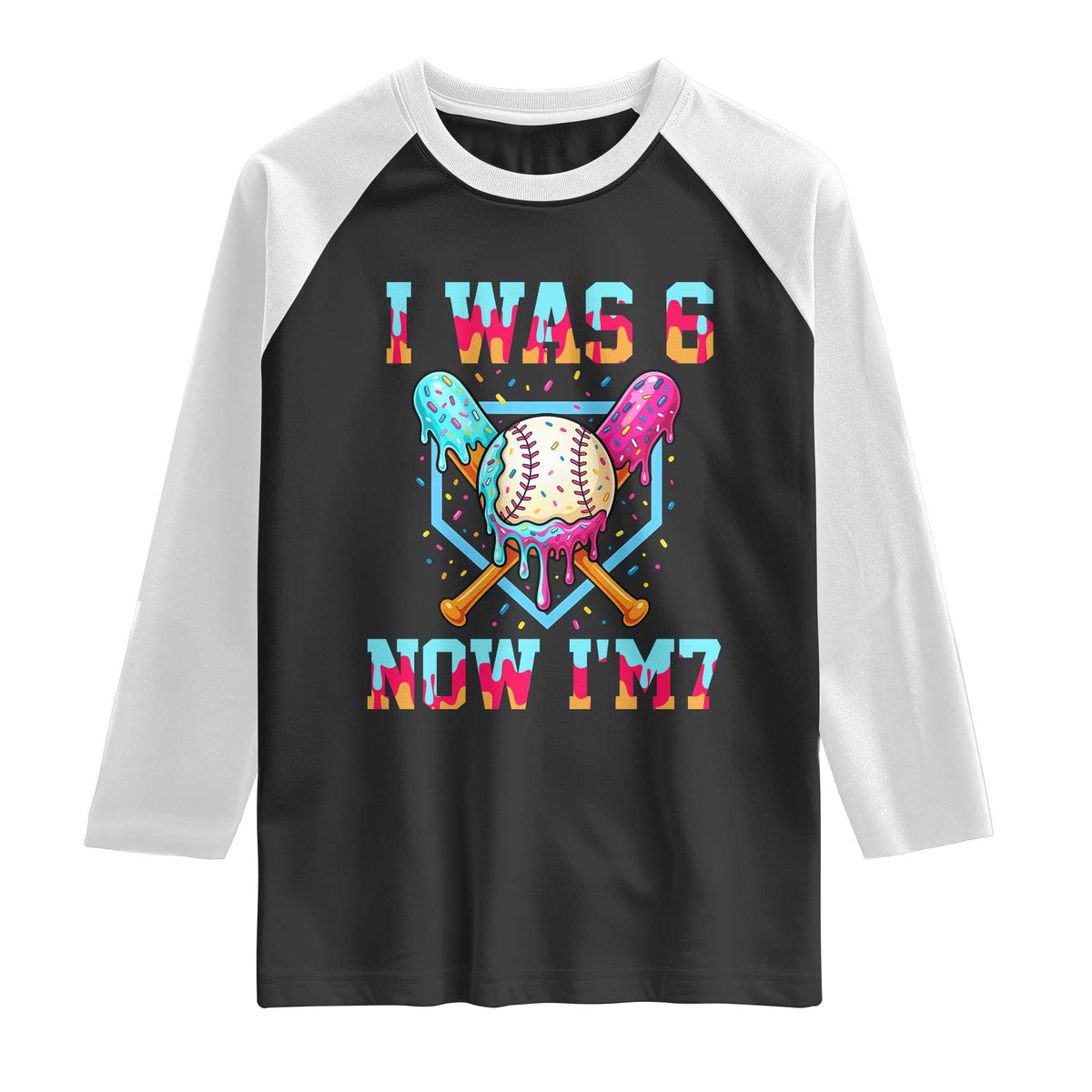 I Was 6 Now I'm 7 Raglan Shirt Baseball Ice Cream Drip Number 67 Player 67th Birthday