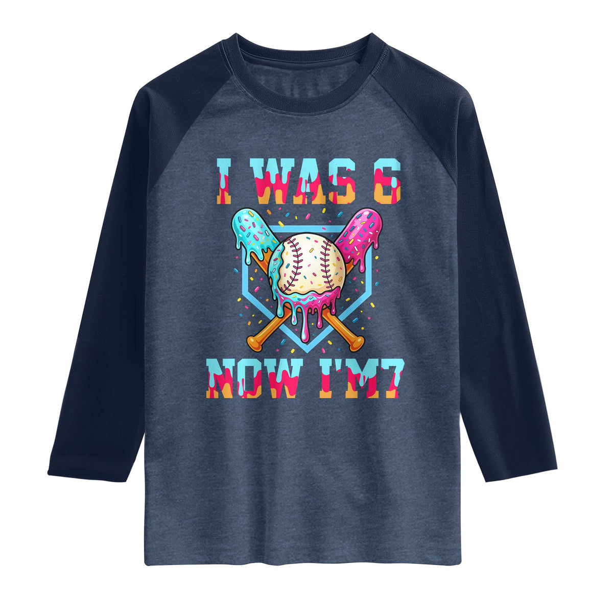 I Was 6 Now I'm 7 Raglan Shirt Baseball Ice Cream Drip Number 67 Player 67th Birthday