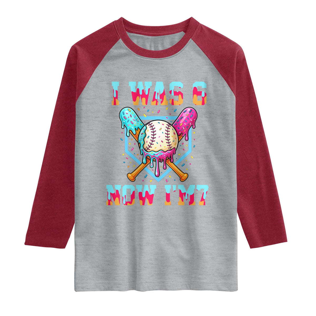 I Was 6 Now I'm 7 Raglan Shirt Baseball Ice Cream Drip Number 67 Player 67th Birthday