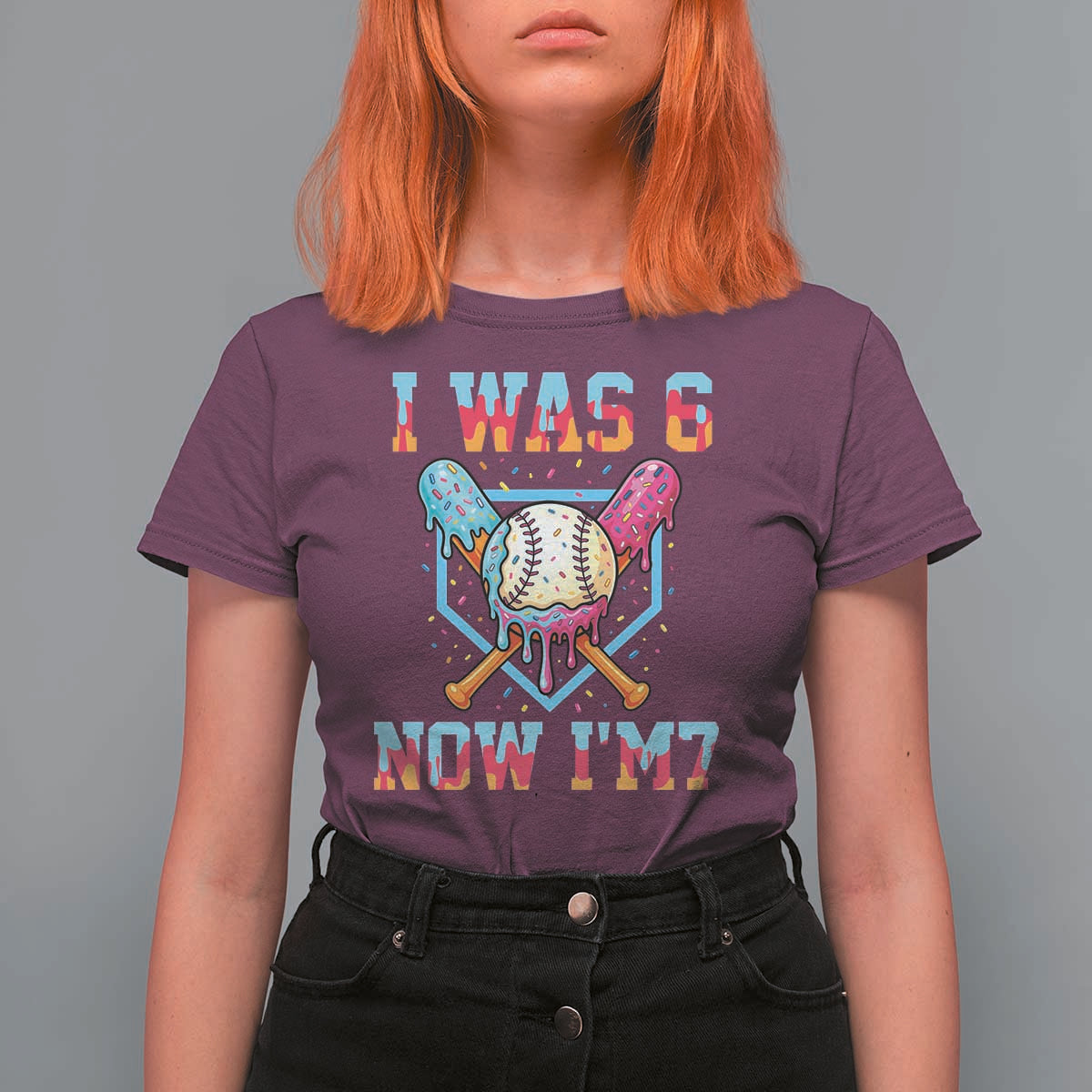 I Was 6 Now I'm 7 T Shirt For Women Baseball Ice Cream Drip Number 67 Player 67th Birthday