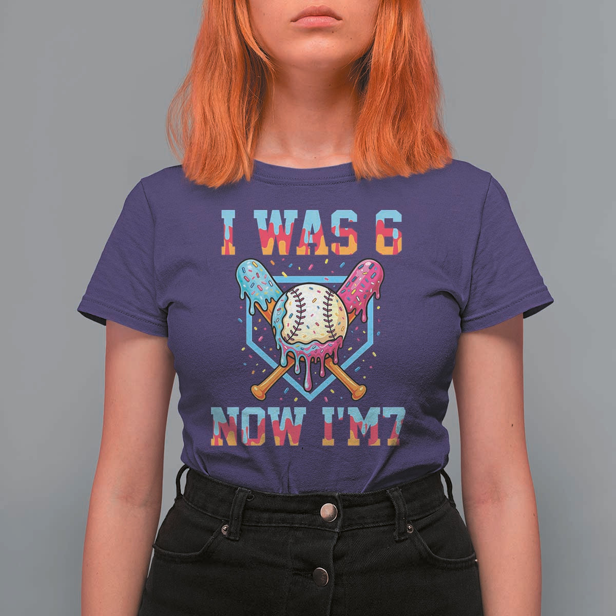 I Was 6 Now I'm 7 T Shirt For Women Baseball Ice Cream Drip Number 67 Player 67th Birthday