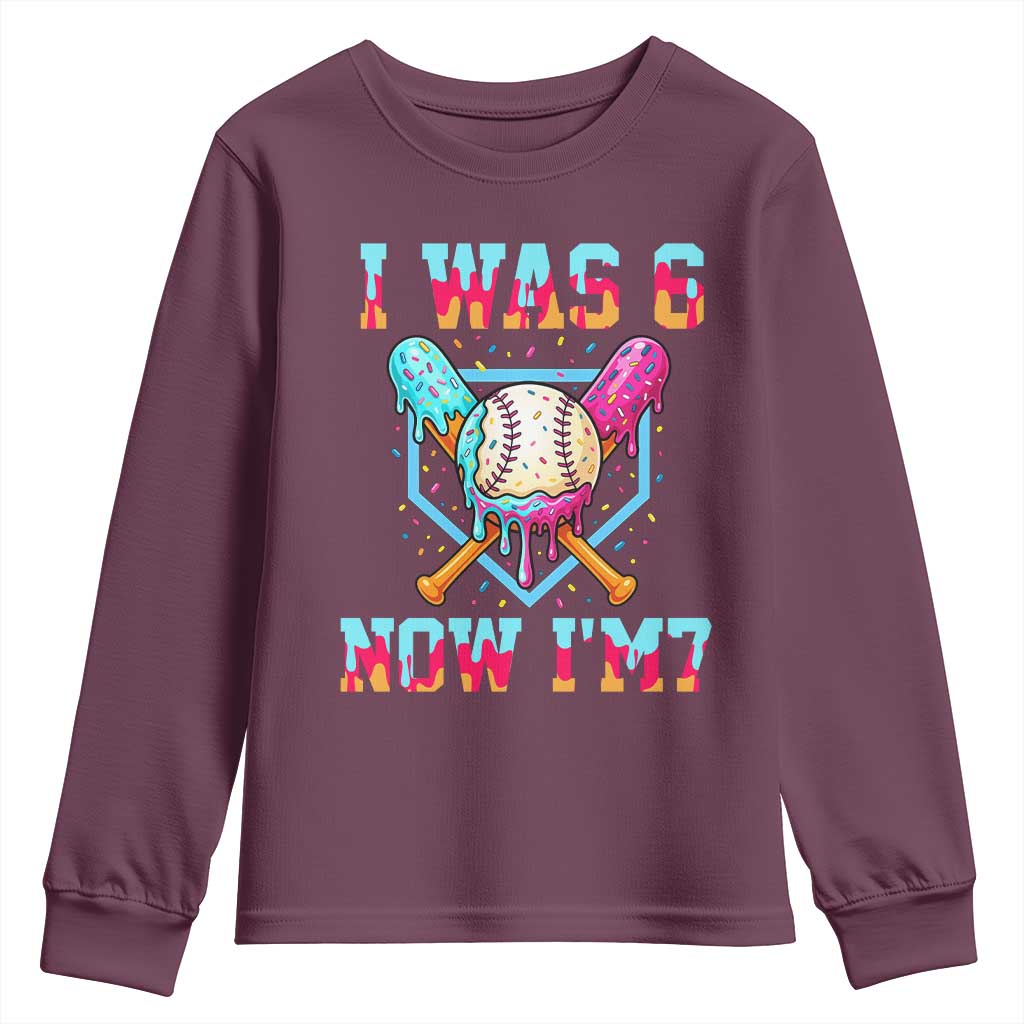 I Was 6 Now I'm 7 Youth Sweatshirt Baseball Ice Cream Drip Number 67 Player 67th Birthday