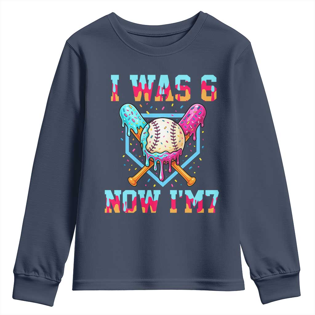 I Was 6 Now I'm 7 Youth Sweatshirt Baseball Ice Cream Drip Number 67 Player 67th Birthday