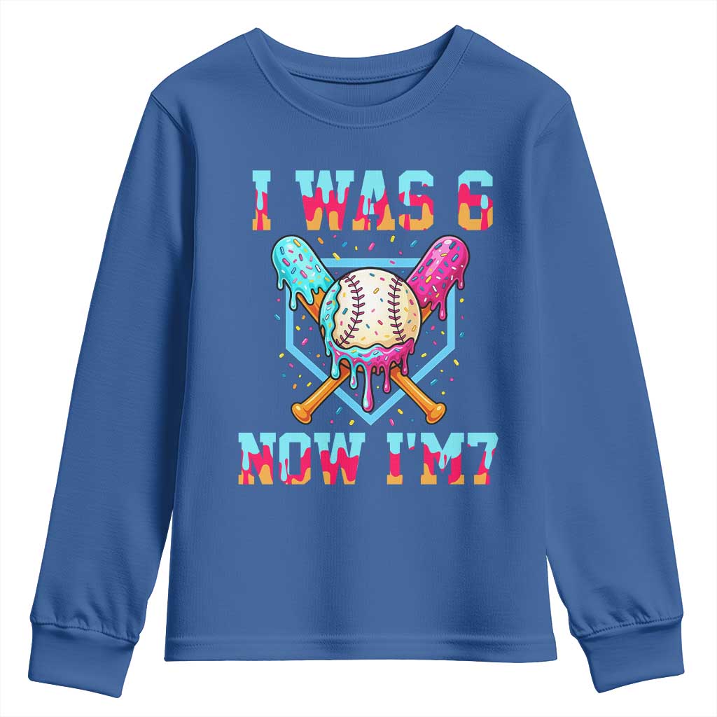 I Was 6 Now I'm 7 Youth Sweatshirt Baseball Ice Cream Drip Number 67 Player 67th Birthday