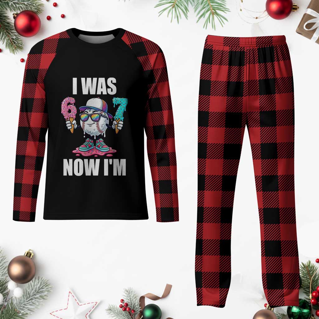I Was 6 Now I'm 7 Plaid Pajama Set Baseball Ice Cream Drip Number 67 Player