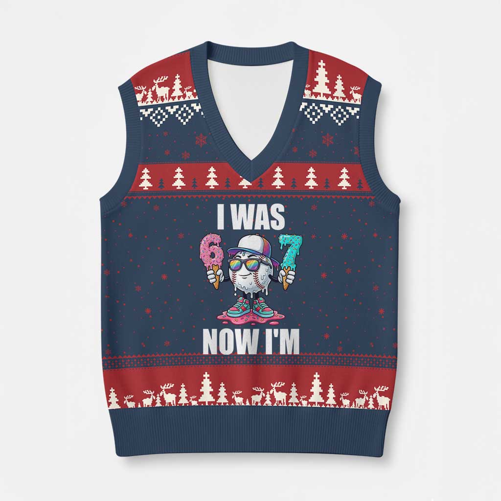 I Was 6 Now I'm 7 V-Neck Knit Sweater Vest Baseball Ice Cream Drip Number 67 Player