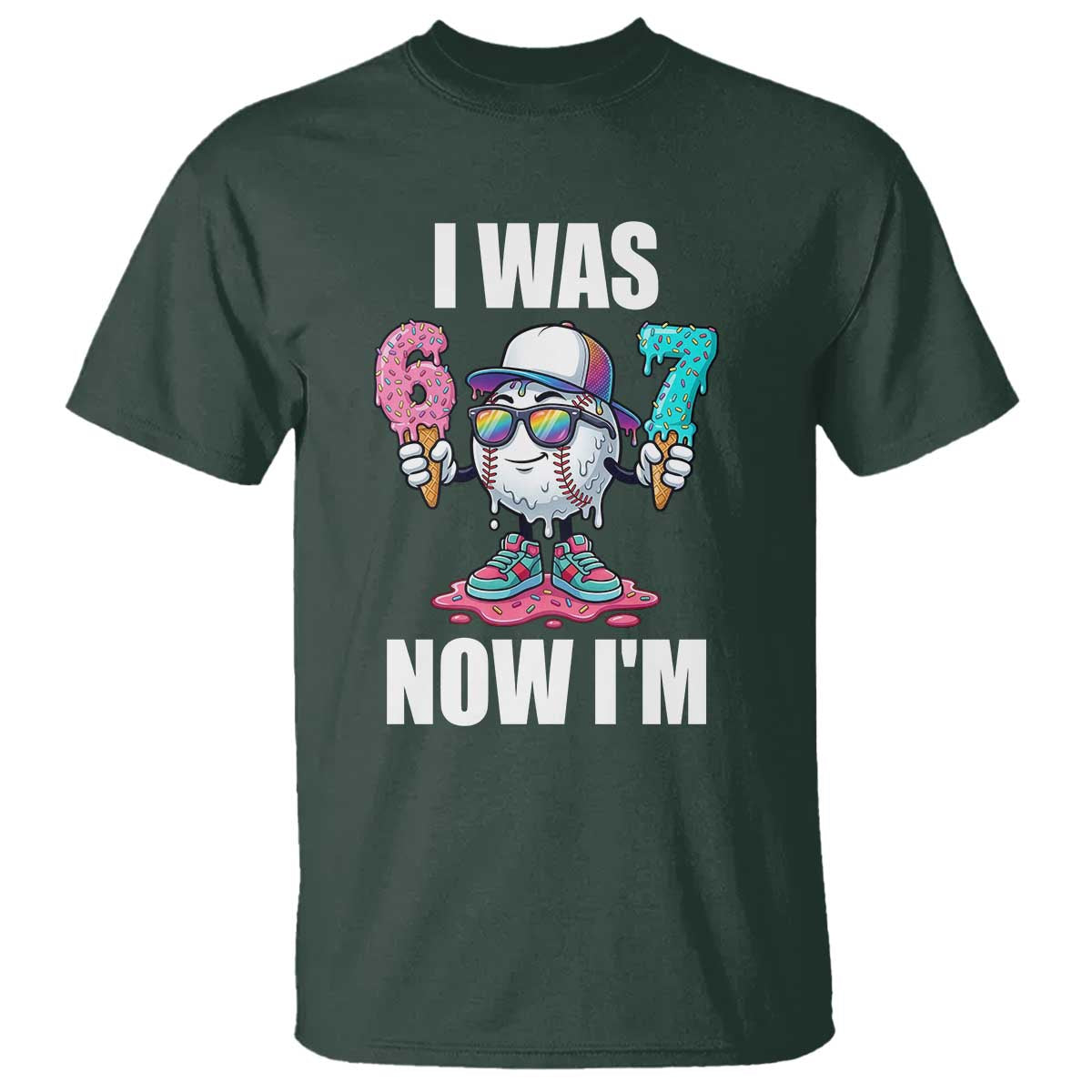 I Was 6 Now I'm 7 T Shirt Baseball Ice Cream Drip Number 67 Player
