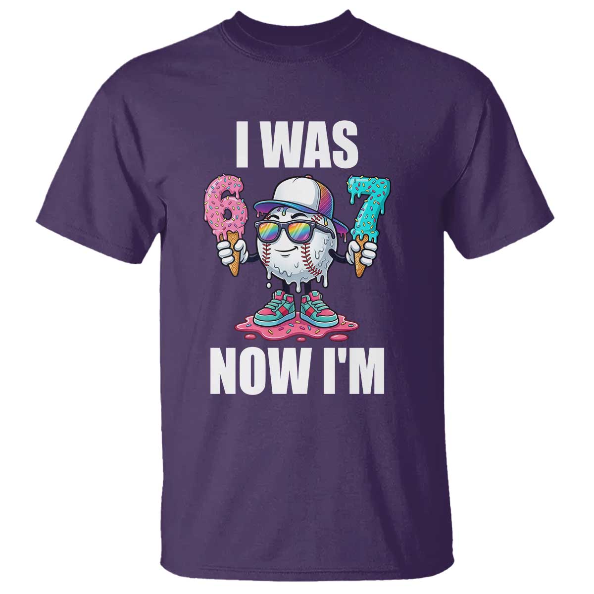 I Was 6 Now I'm 7 T Shirt Baseball Ice Cream Drip Number 67 Player