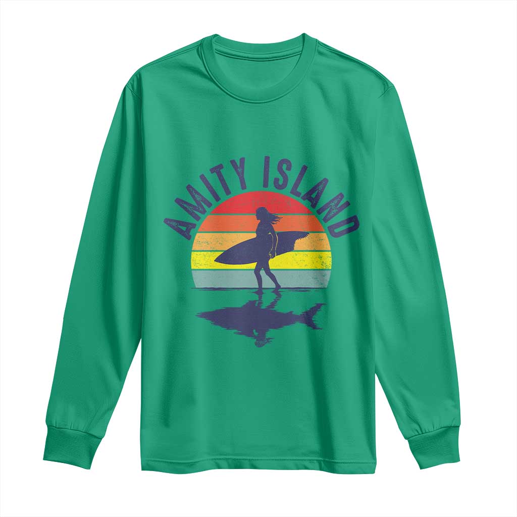 Amity Island Long Sleeve Shirt Retro Surfing Board Humor - Wonder Print Shop