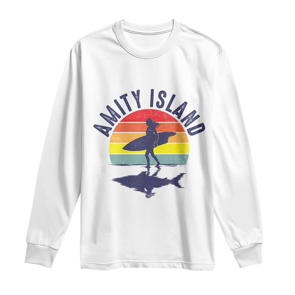 Amity Island Long Sleeve Shirt Retro Surfing Board Humor - Wonder Print Shop