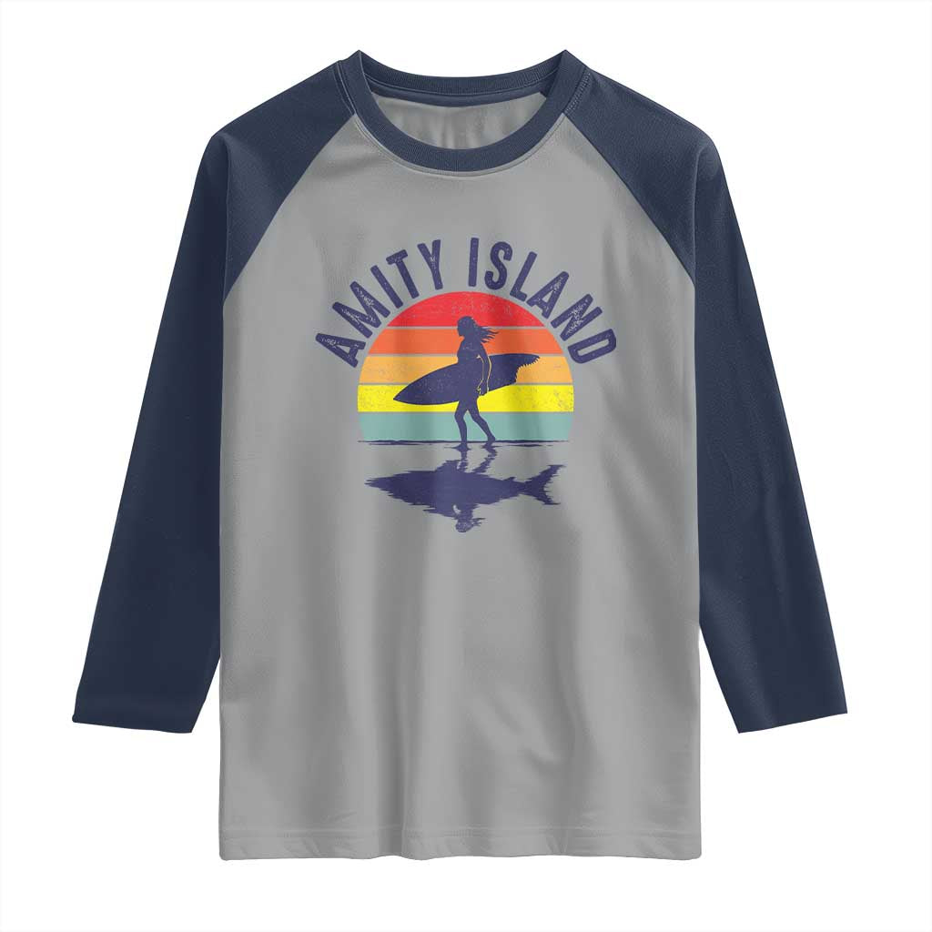 Amity Island Raglan Shirt Retro Surfing Board Humor - Wonder Print Shop