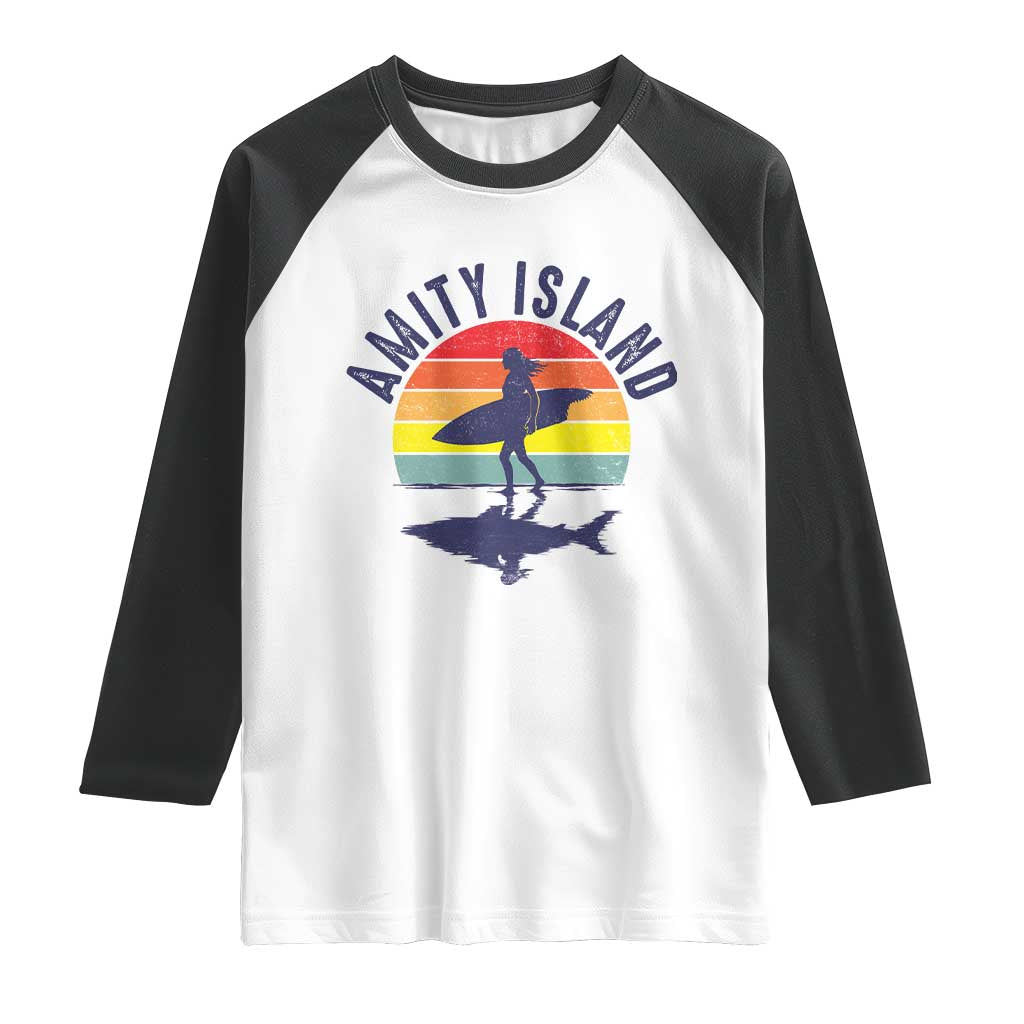 Amity Island Raglan Shirt Retro Surfing Board Humor - Wonder Print Shop