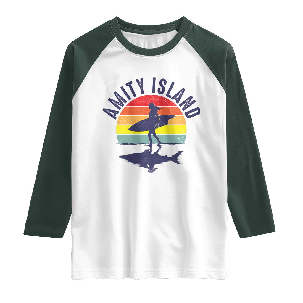 Amity Island Raglan Shirt Retro Surfing Board Humor - Wonder Print Shop