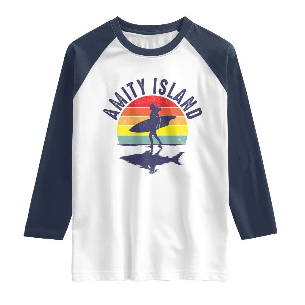 Amity Island Raglan Shirt Retro Surfing Board Humor - Wonder Print Shop
