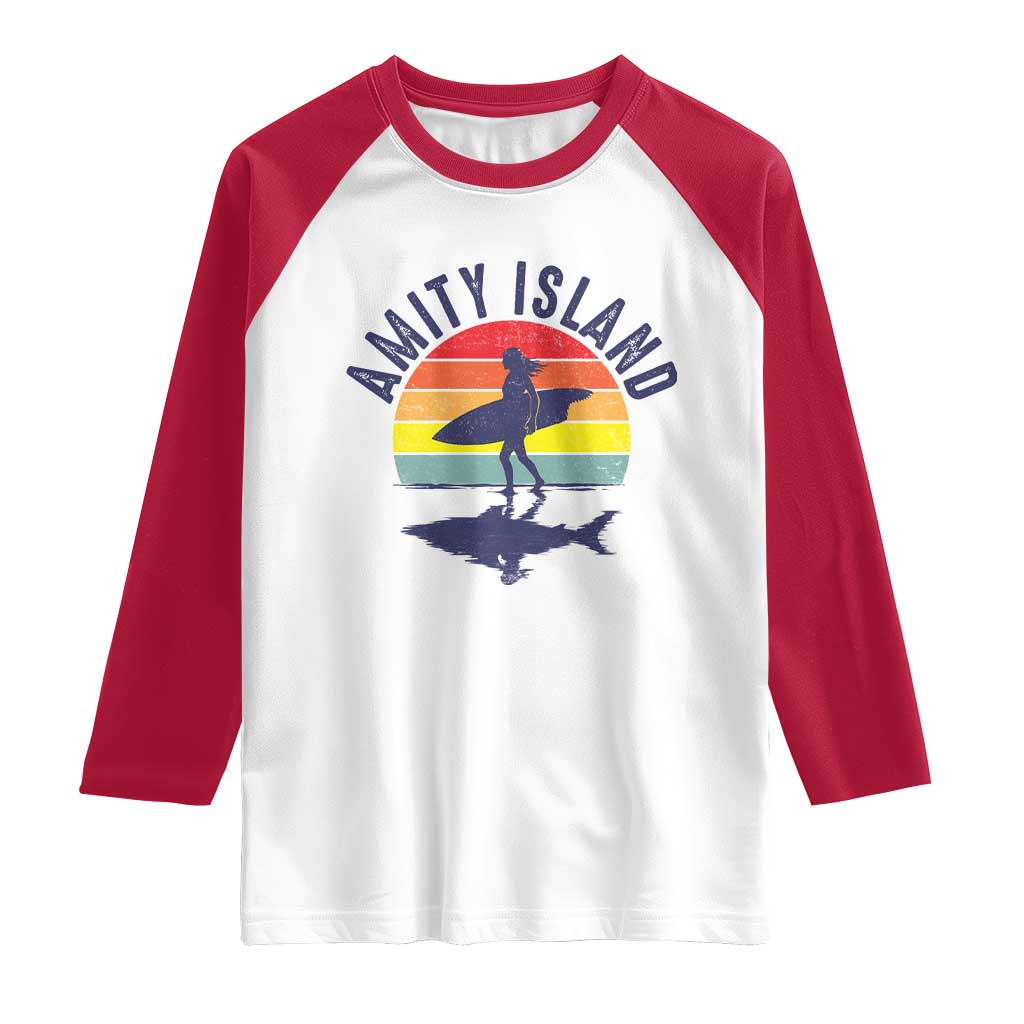 Amity Island Raglan Shirt Retro Surfing Board Humor - Wonder Print Shop