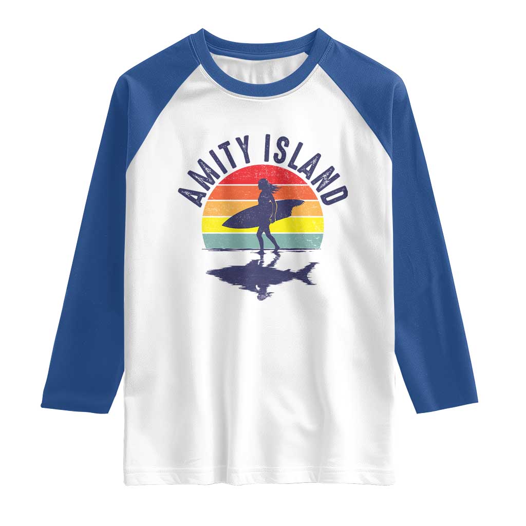 Amity Island Raglan Shirt Retro Surfing Board Humor - Wonder Print Shop