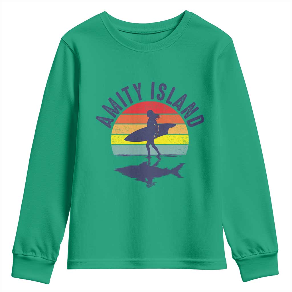 Amity Island Youth Sweatshirt Retro Surfing Board Humor - Wonder Print Shop
