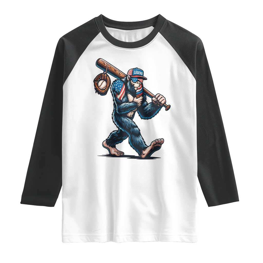 Funny Bigfoot Baseball Raglan Shirt Sasquatch American Flag Ice Cream - Wonder Print Shop