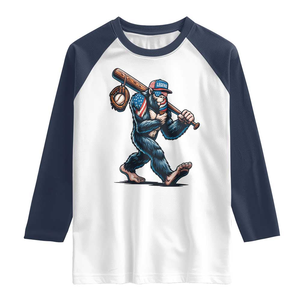 Funny Bigfoot Baseball Raglan Shirt Sasquatch American Flag Ice Cream - Wonder Print Shop