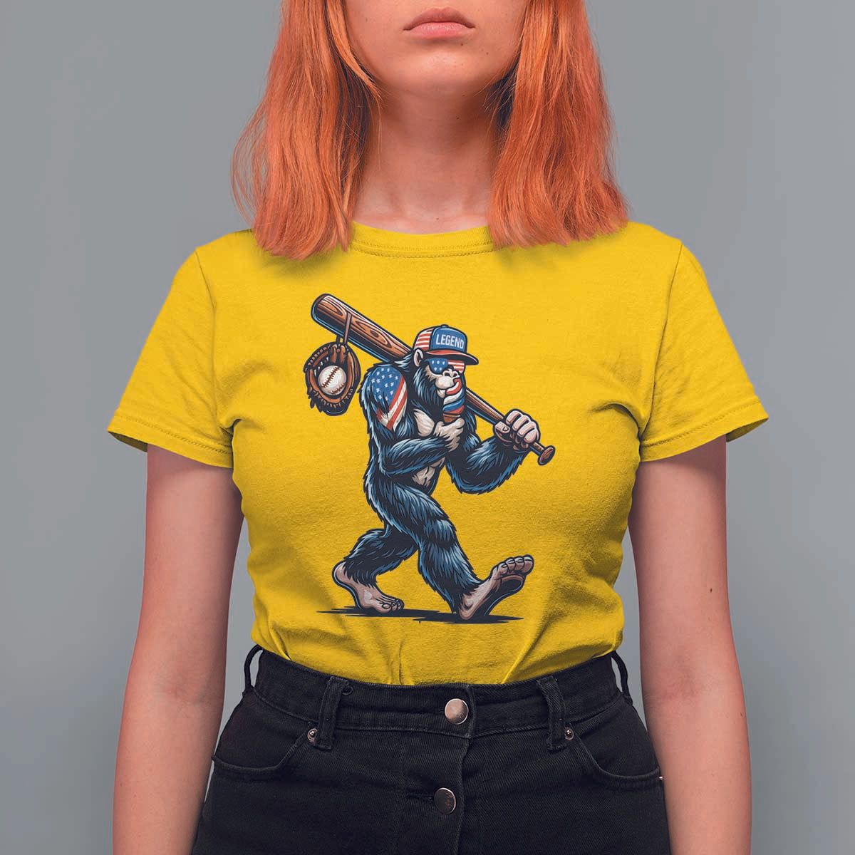 Funny Bigfoot Baseball T Shirt For Women Sasquatch American Flag Ice Cream - Wonder Print Shop