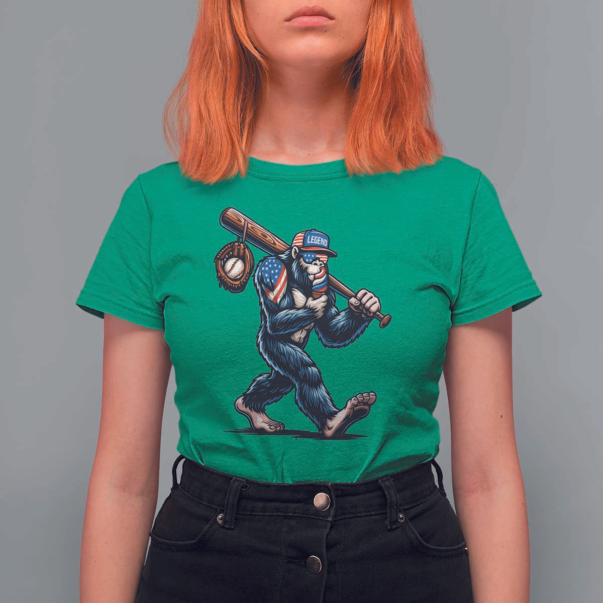 Funny Bigfoot Baseball T Shirt For Women Sasquatch American Flag Ice Cream - Wonder Print Shop