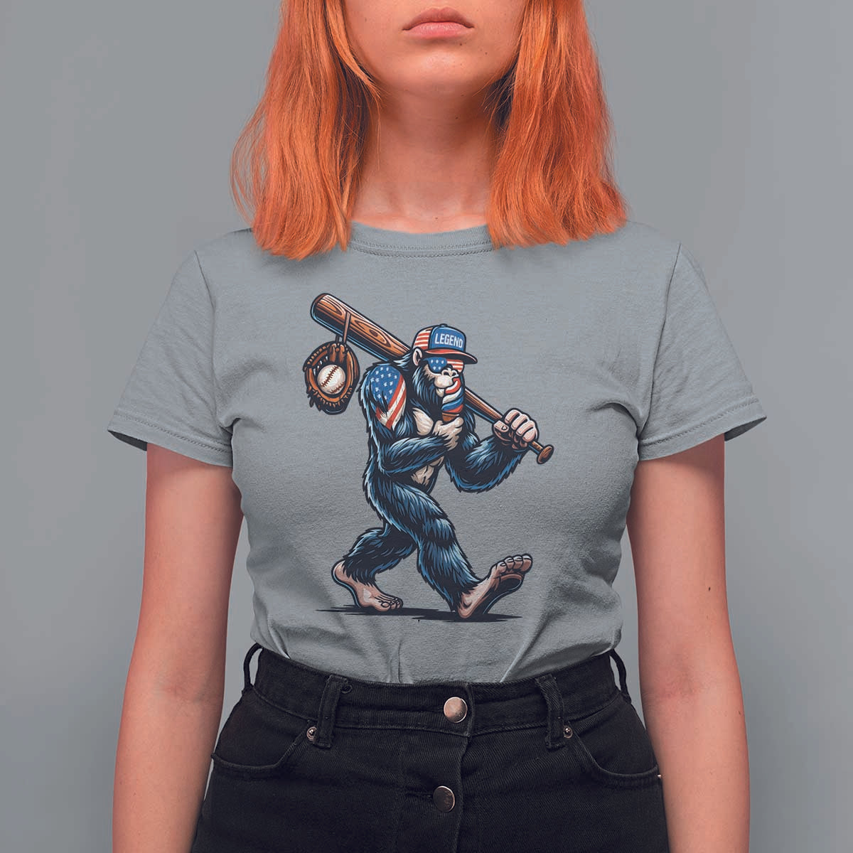 Funny Bigfoot Baseball T Shirt For Women Sasquatch American Flag Ice Cream - Wonder Print Shop