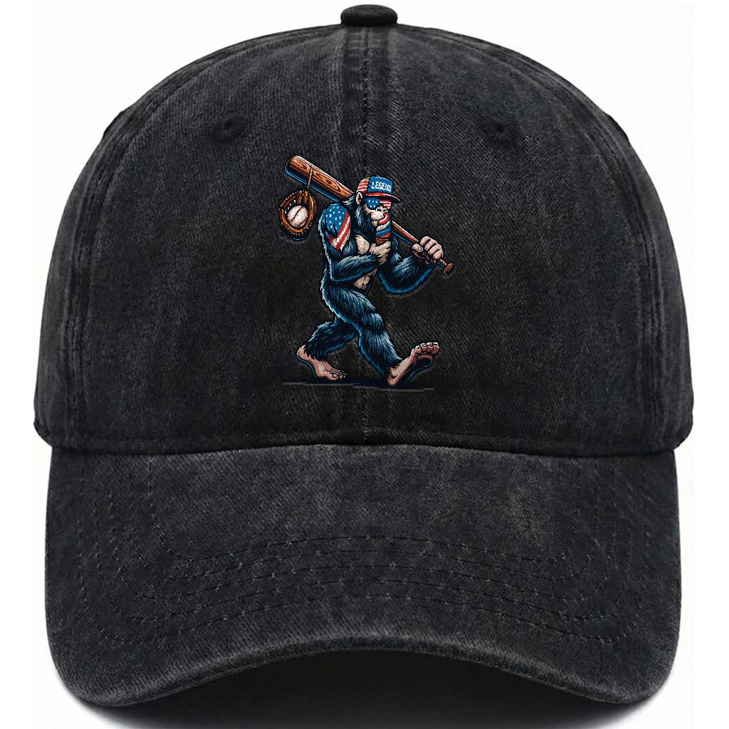 Funny Bigfoot Baseball Washed Cotton Baseball Cap Sasquatch American Flag Ice Cream