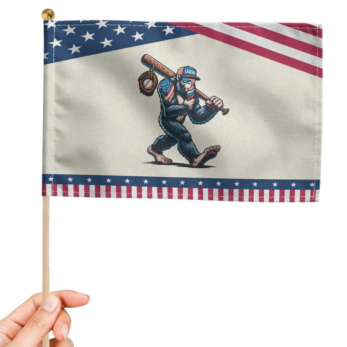 Funny Bigfoot Baseball 4th of July Patriotic Handheld Flag Sasquatch American Flag Ice Cream