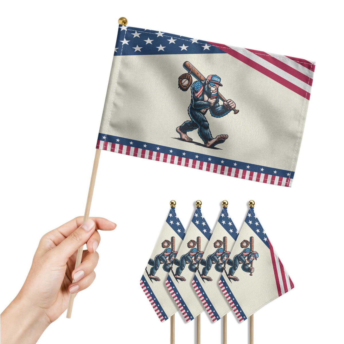 Funny Bigfoot Baseball 4th of July Patriotic Handheld Flag Sasquatch American Flag Ice Cream