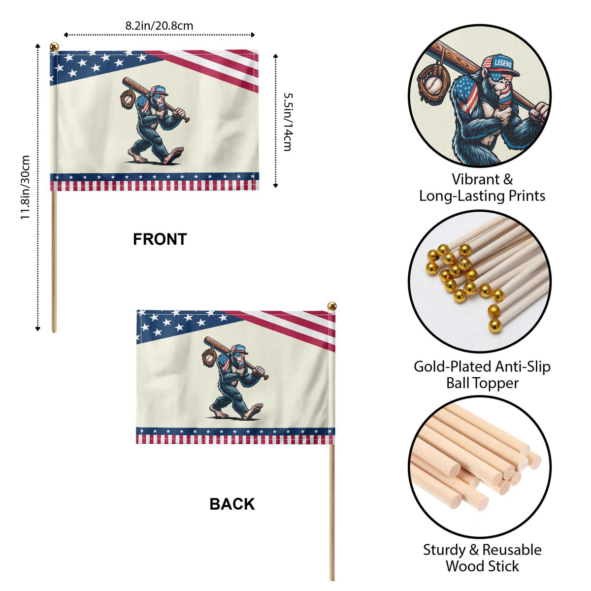 Funny Bigfoot Baseball 4th of July Patriotic Handheld Flag Sasquatch American Flag Ice Cream