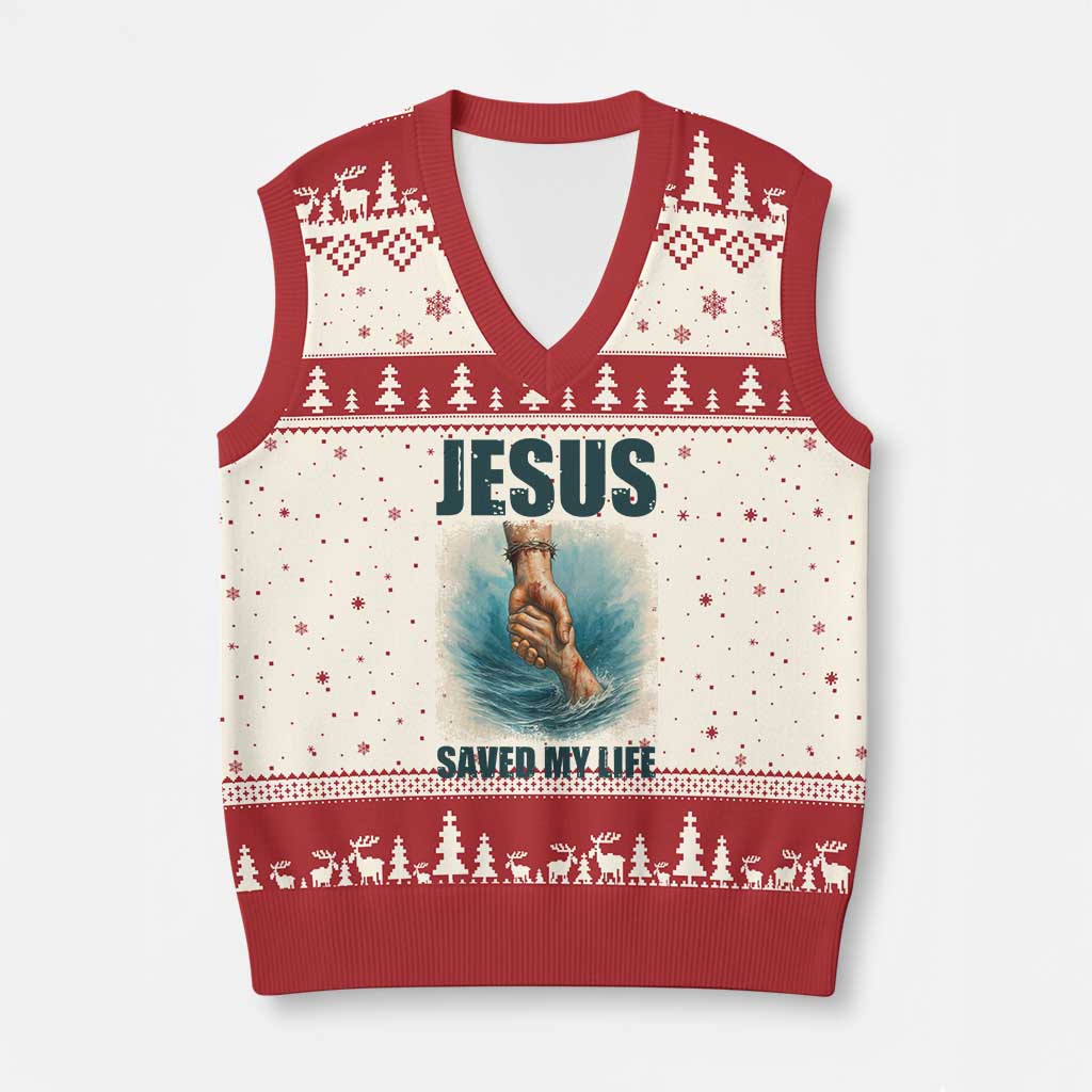 Jesus Saved My Life V-Neck Knit Sweater Vest Christian Bible Verse - Wonder Print Shop