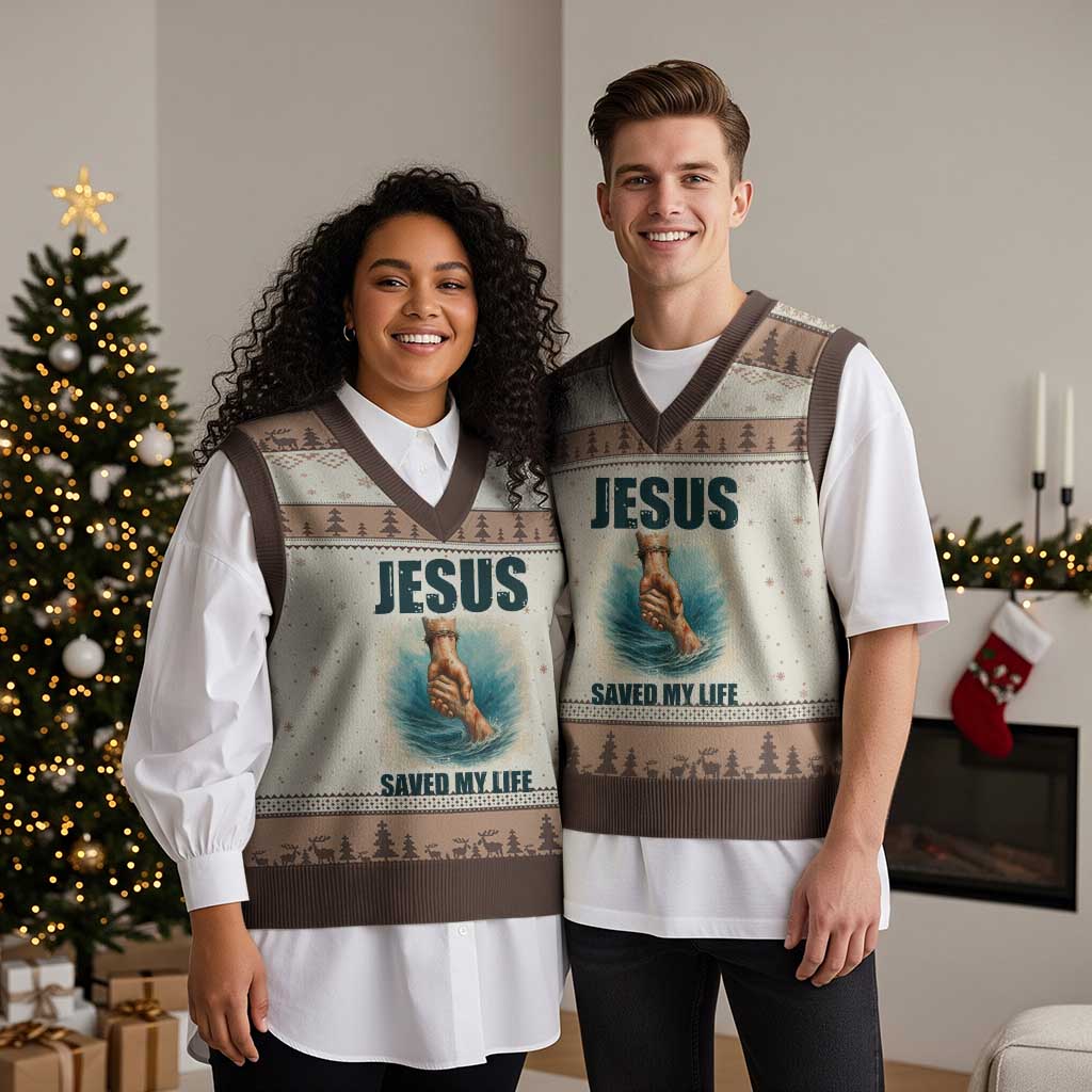 Jesus Saved My Life V-Neck Knit Sweater Vest Christian Bible Verse - Wonder Print Shop