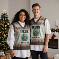 Jesus Saved My Life V-Neck Knit Sweater Vest Christian Bible Verse - Wonder Print Shop