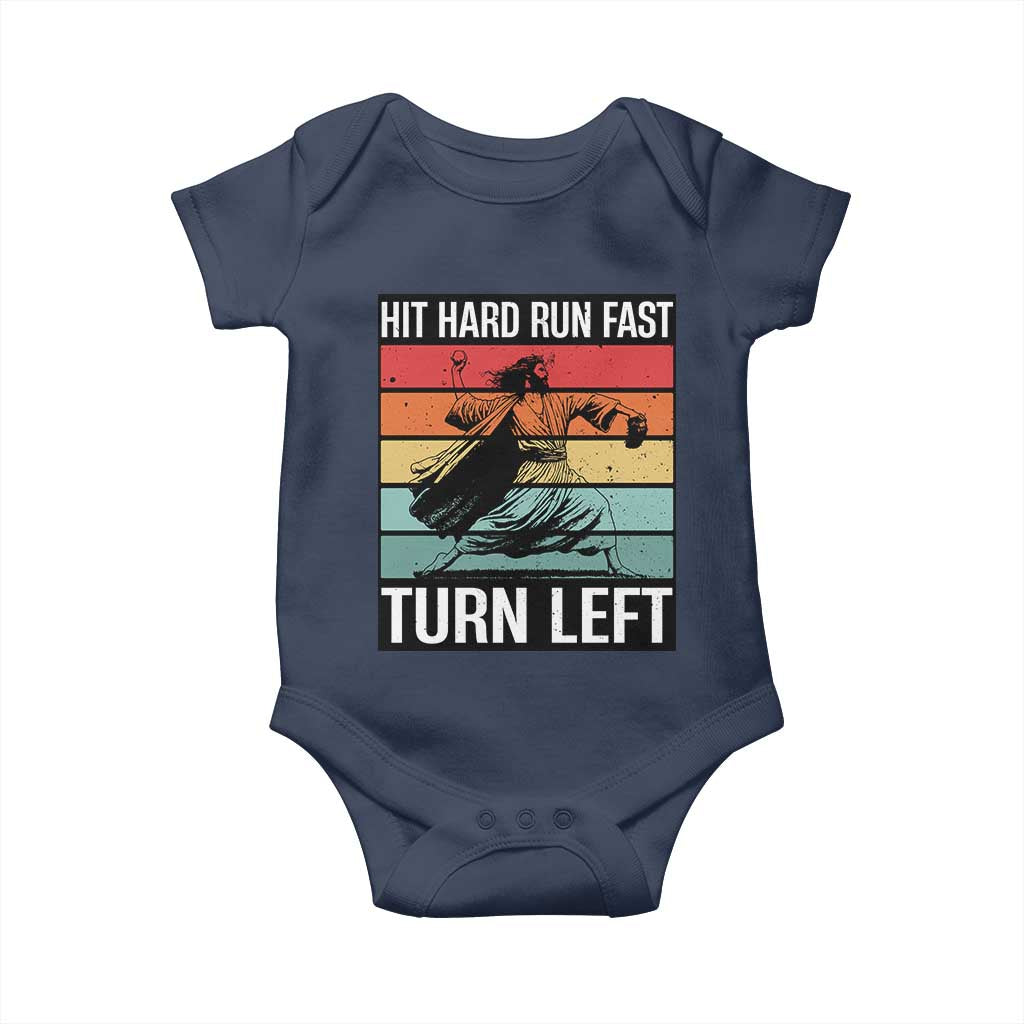Hit Hard Run Fast Turn Left Baby Onesie Funny Jesus Baseball Player - Wonder Print Shop