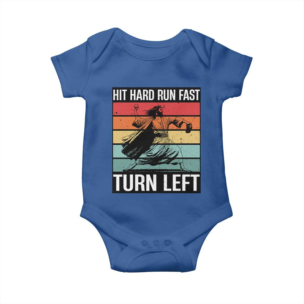 Hit Hard Run Fast Turn Left Baby Onesie Funny Jesus Baseball Player - Wonder Print Shop