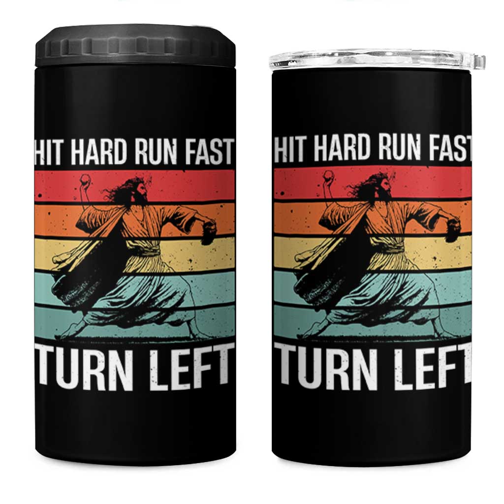 Hit Hard Run Fast Turn Left 4 in 1 Can Cooler Tumbler Funny Jesus Baseball Player