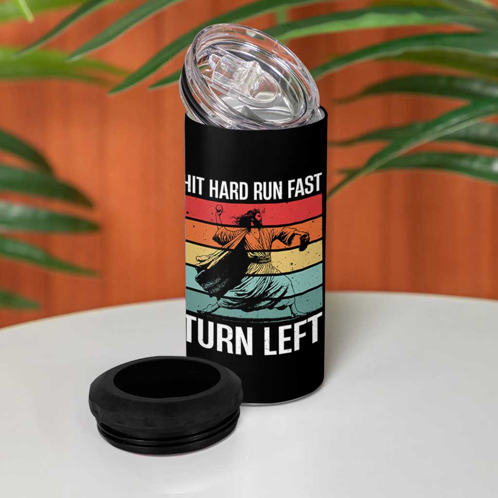 Hit Hard Run Fast Turn Left 4 in 1 Can Cooler Tumbler Funny Jesus Baseball Player