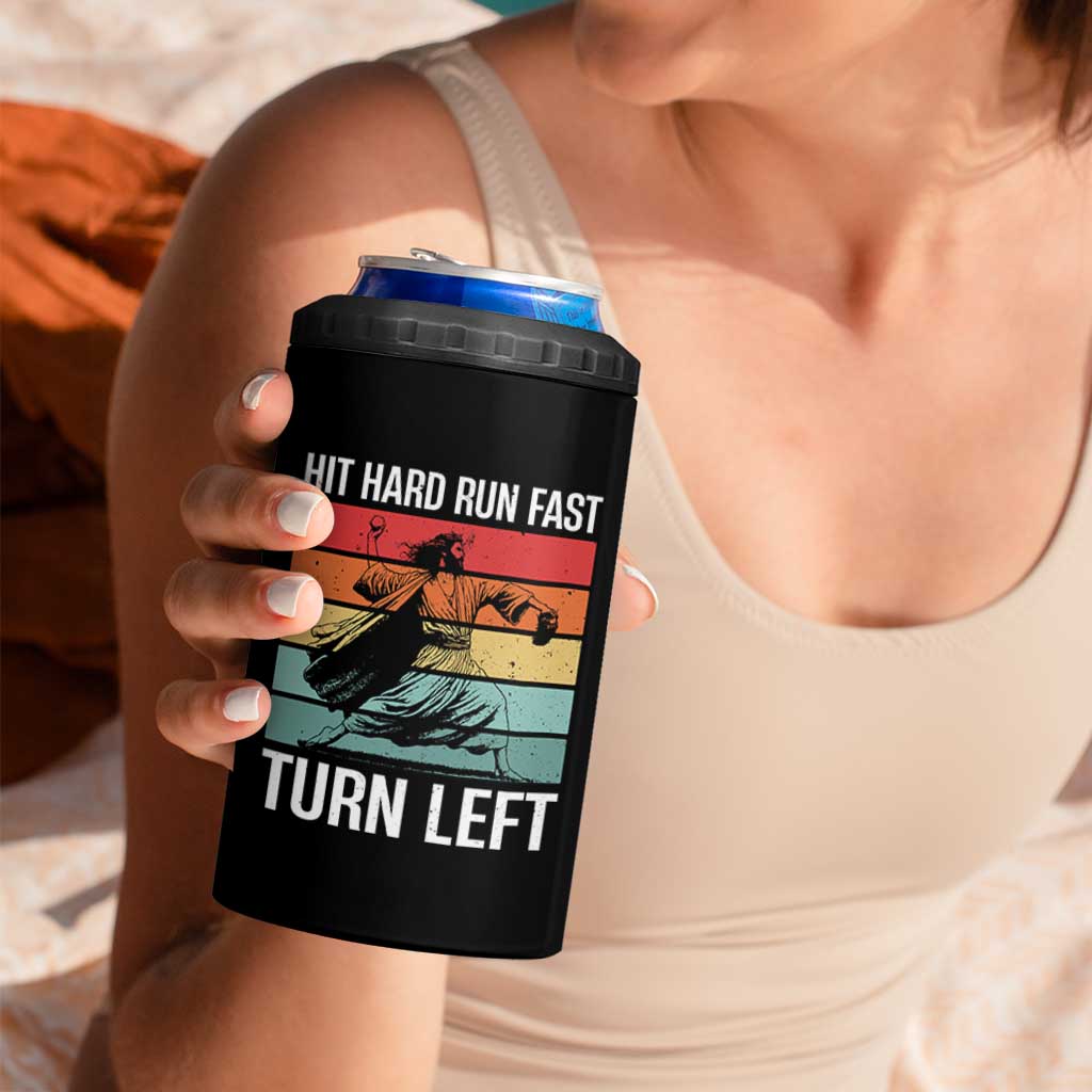 Hit Hard Run Fast Turn Left 4 in 1 Can Cooler Tumbler Funny Jesus Baseball Player