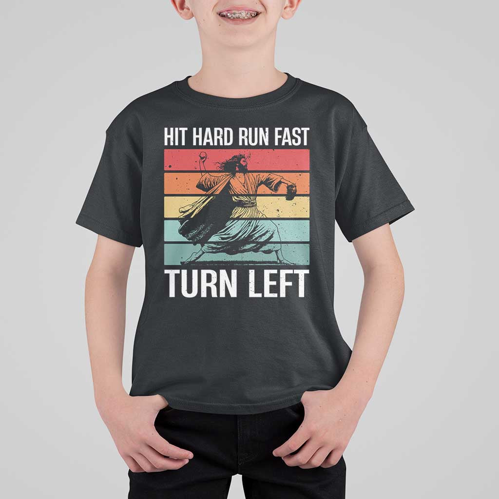 Hit Hard Run Fast Turn Left T Shirt For Kid Funny Jesus Baseball Player - Wonder Print Shop