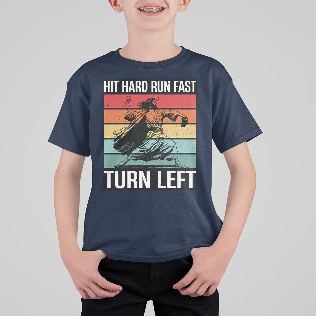 Hit Hard Run Fast Turn Left T Shirt For Kid Funny Jesus Baseball Player - Wonder Print Shop