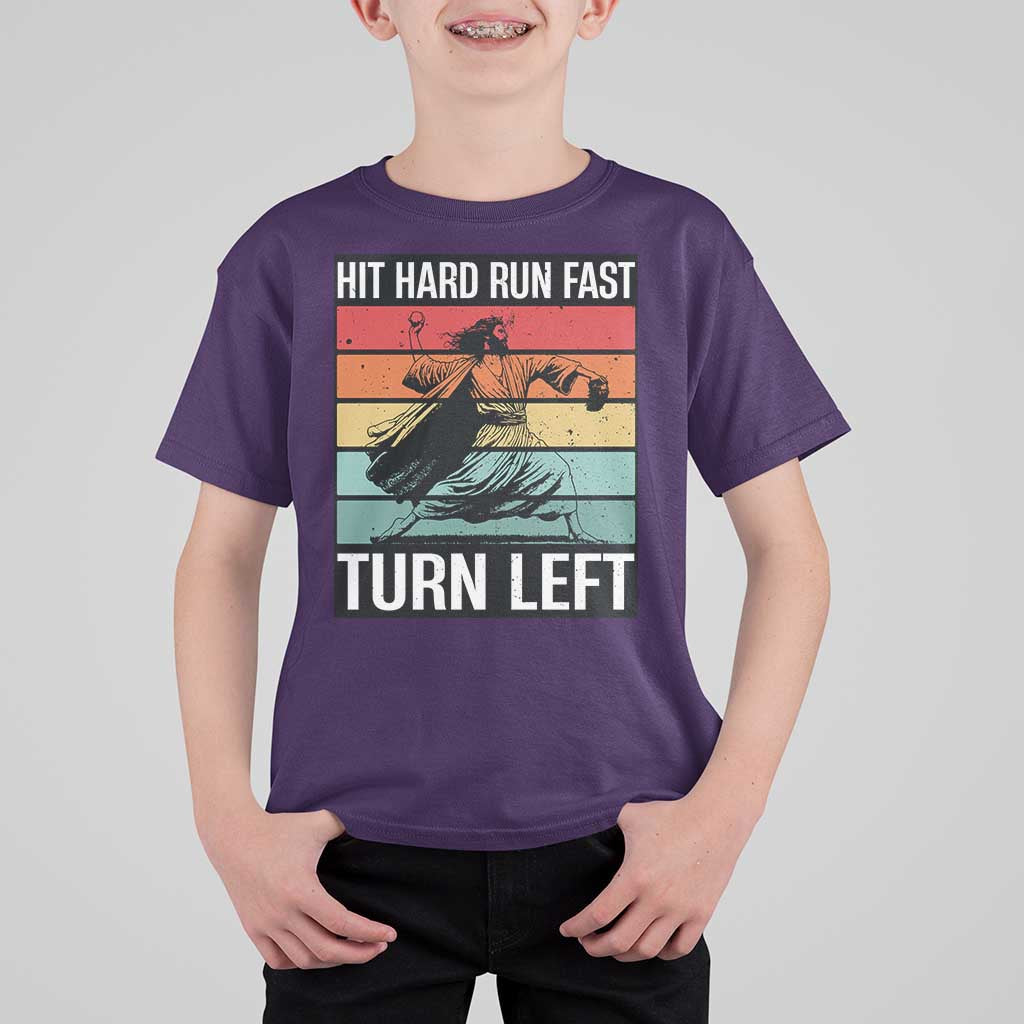 Hit Hard Run Fast Turn Left T Shirt For Kid Funny Jesus Baseball Player - Wonder Print Shop