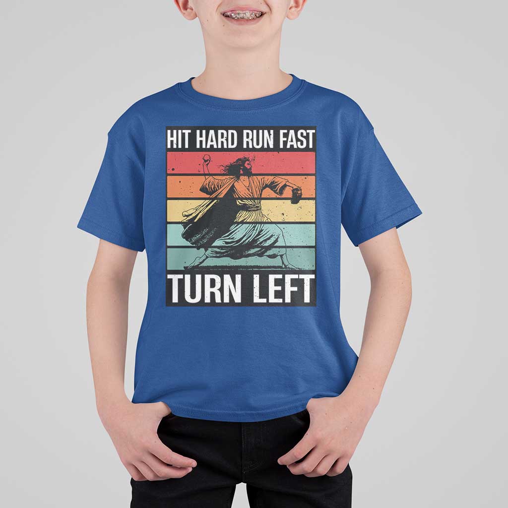 Hit Hard Run Fast Turn Left T Shirt For Kid Funny Jesus Baseball Player - Wonder Print Shop